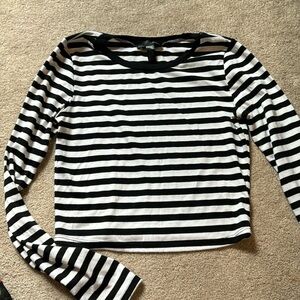 Aqua Black and White Striped Cropped Shirt